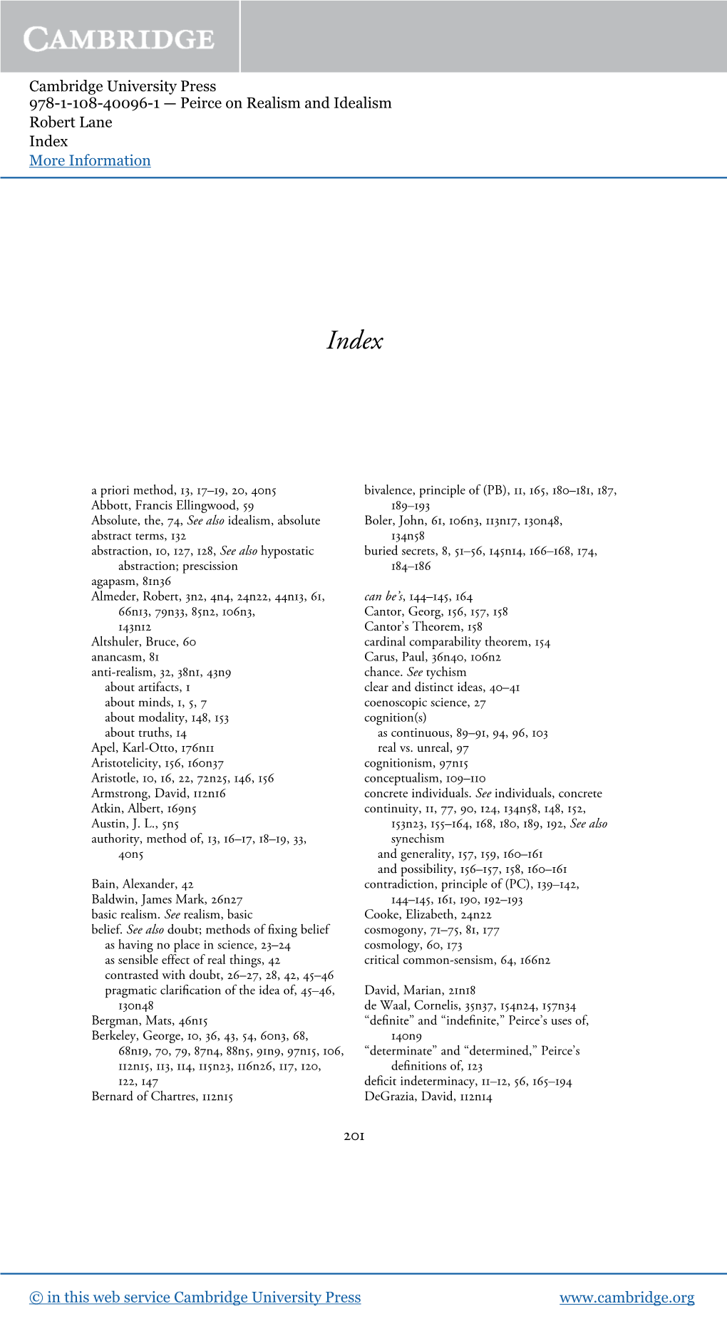 Peirce on Realism and Idealism Robert Lane Index More Information