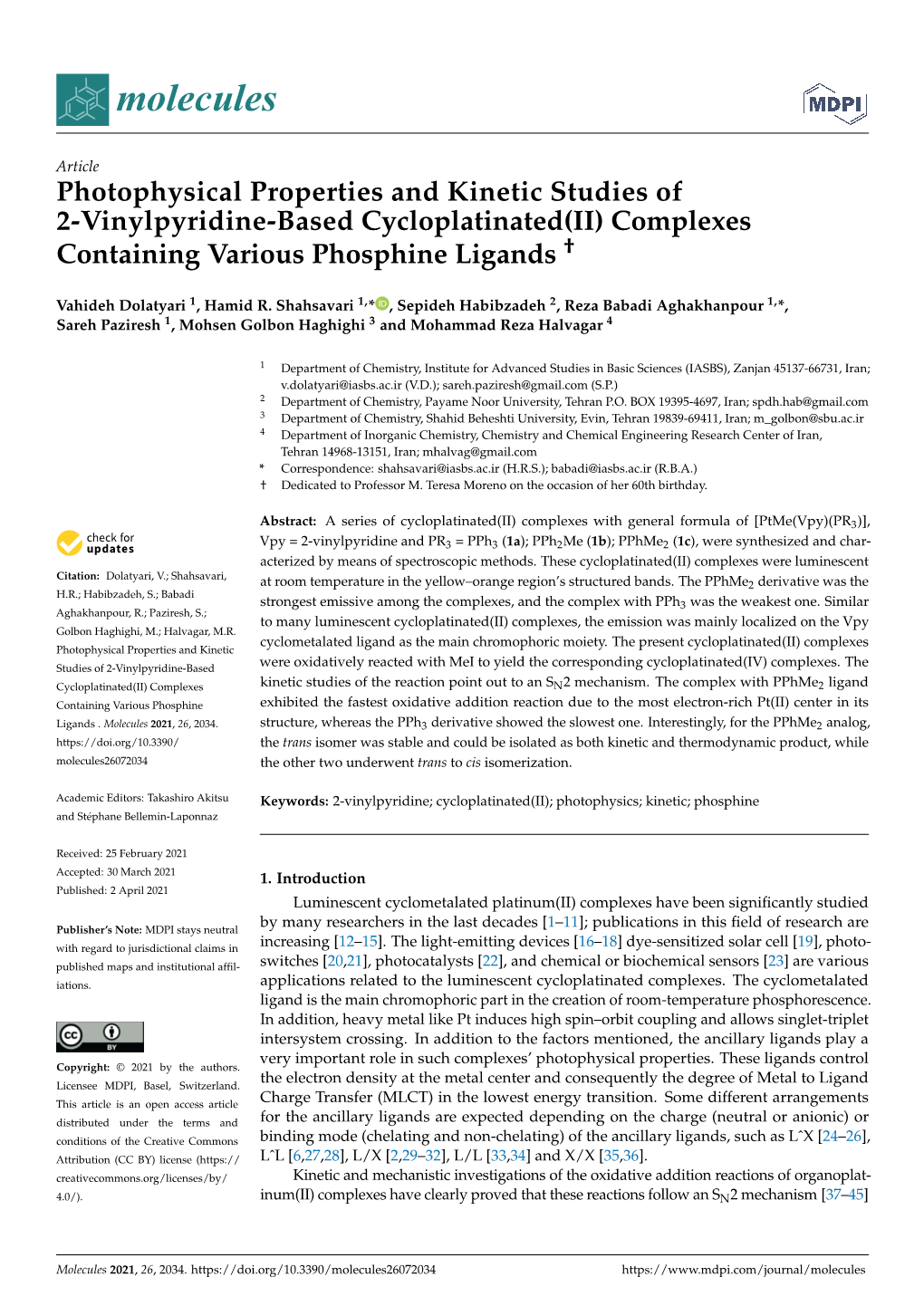 Photophysical Properties and Kinetic Studies of 2-Vinylpyridine-Based Cycloplatinated(II) Complexes Containing Various Phosphine Ligands †