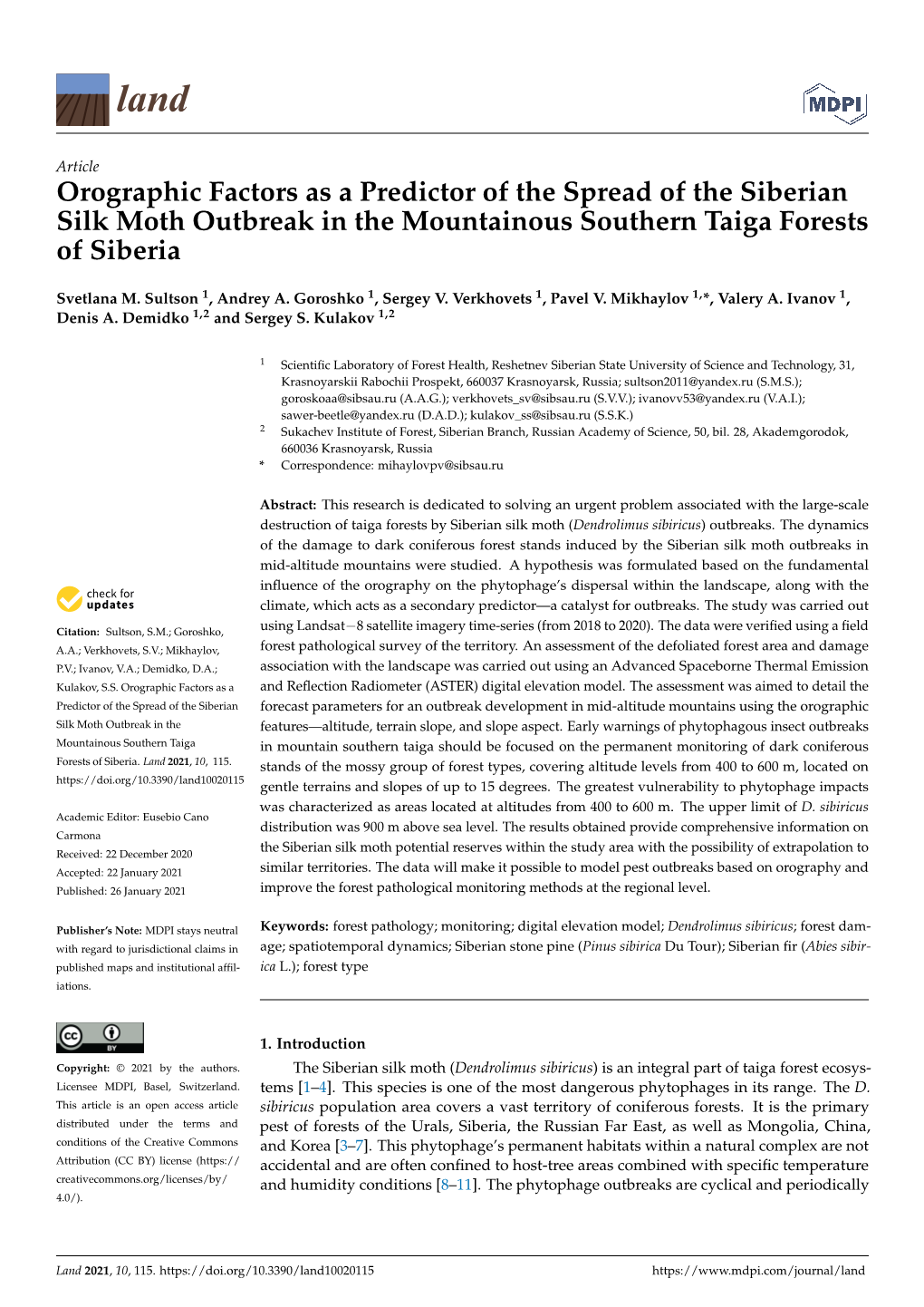 Orographic Factors As a Predictor of the Spread of the Siberian Silk Moth Outbreak in the Mountainous Southern Taiga Forests of Siberia