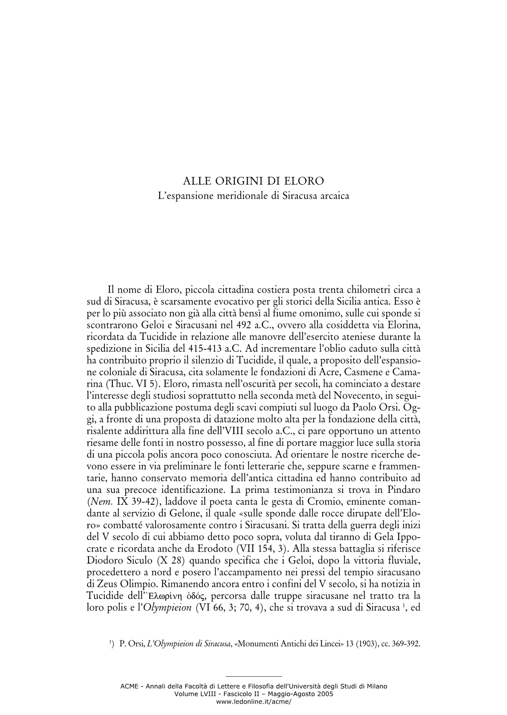 Alle Origini Di Eloro. L'espansione Meridionale Di Siracusa Arcaica