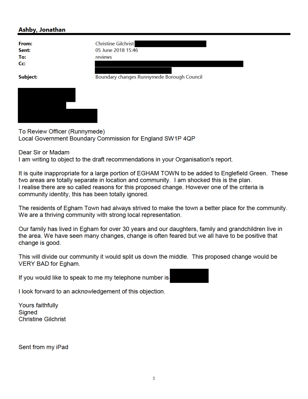 Gordon Sent: 15 July 2018 12:06 To: Reviews Subject: Fw: Egham Town Ward - Proposed Boundary Change