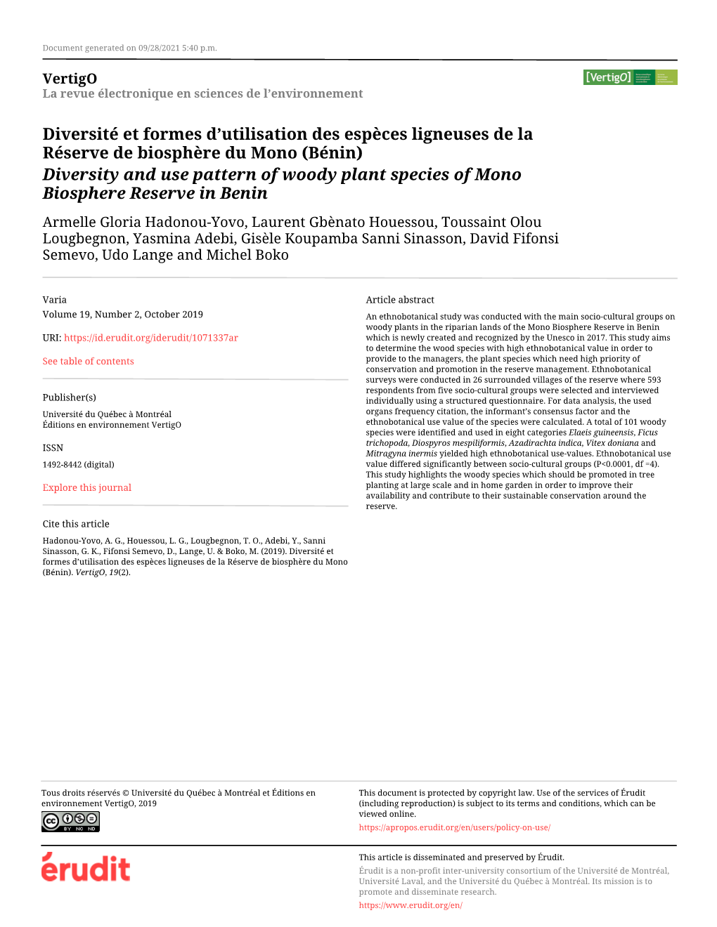 Diversité Et Formes D'utilisation Des Espèces Ligneuses De La Réserve