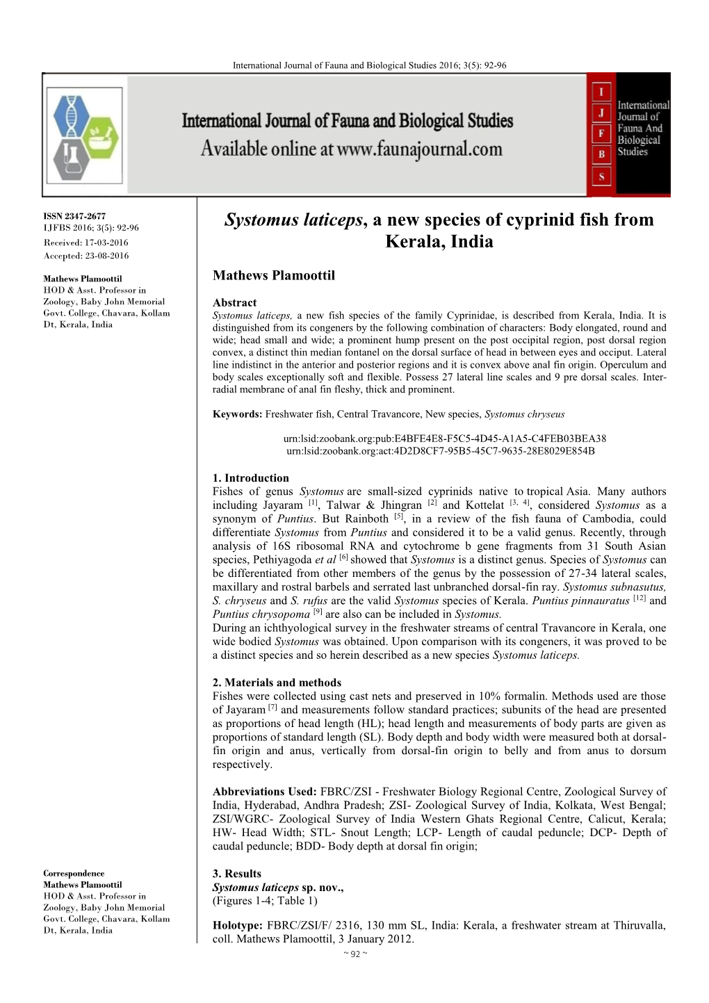 Systomus Laticeps, a New Species of Cyprinid Fish from Kerala, India