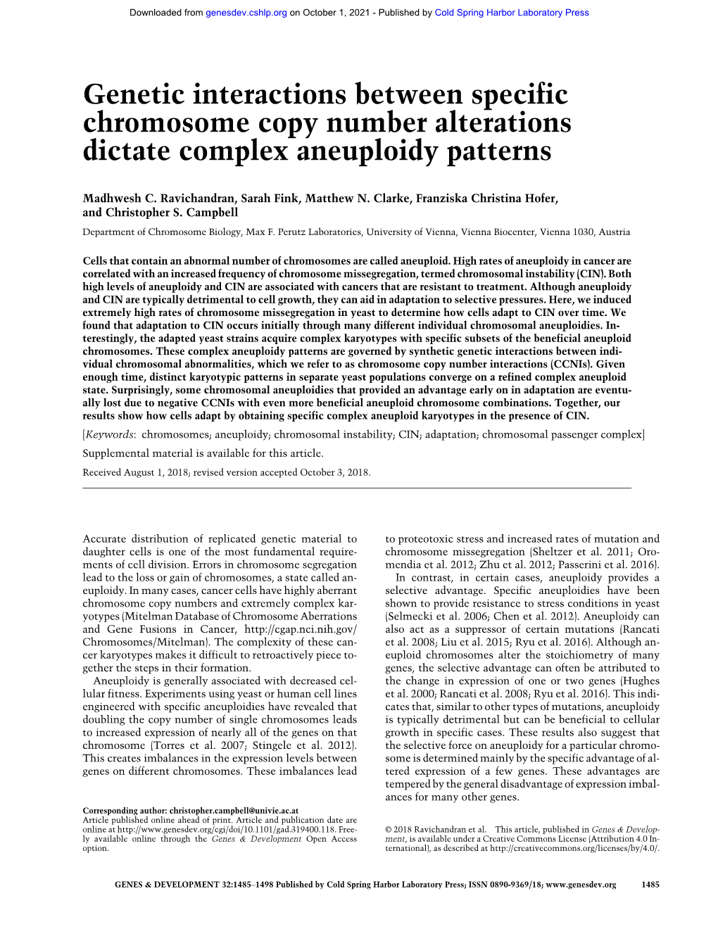 Genetic Interactions Between Specific Chromosome Copy Number Alterations Dictate Complex Aneuploidy Patterns