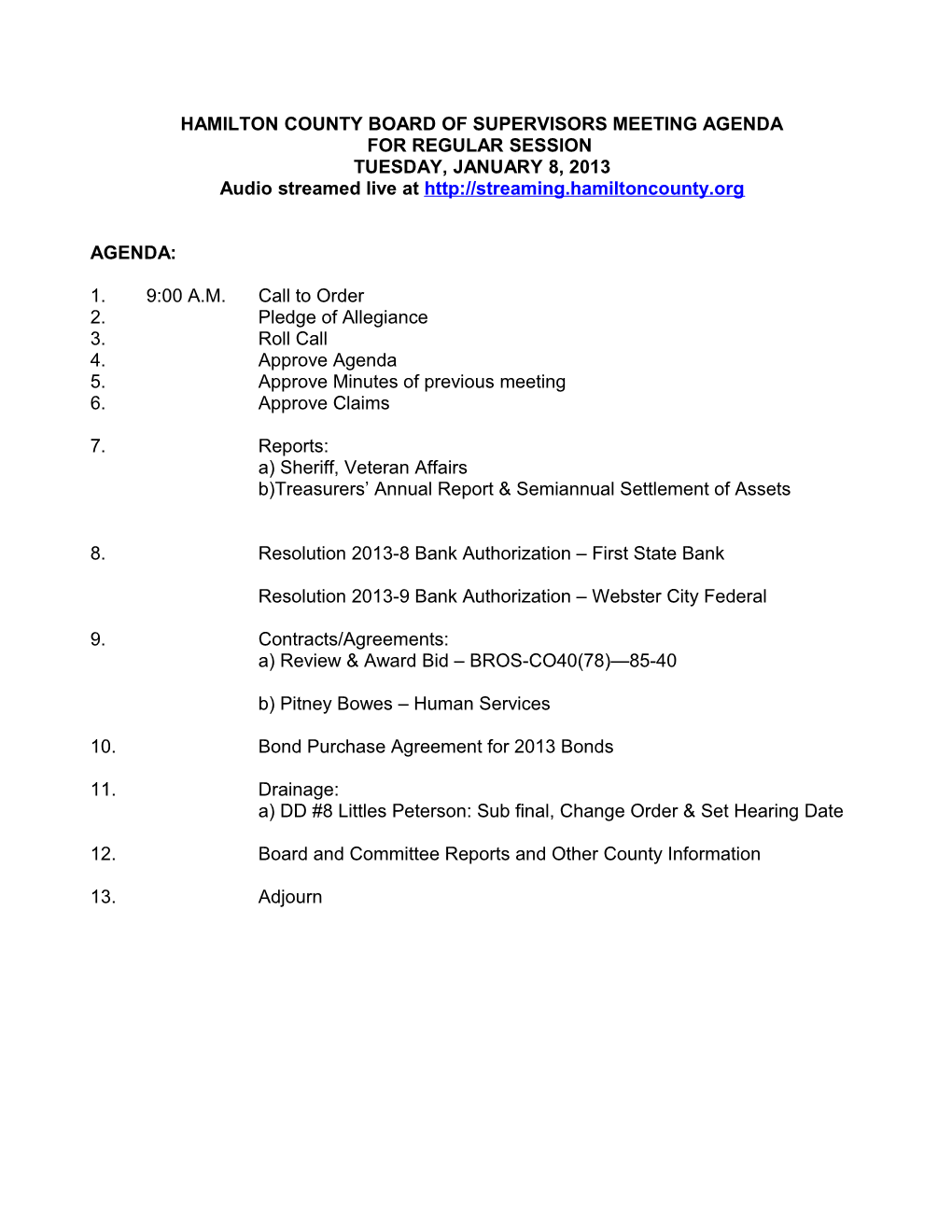 Hamilton County Board of Supervisors Meeting Agenda