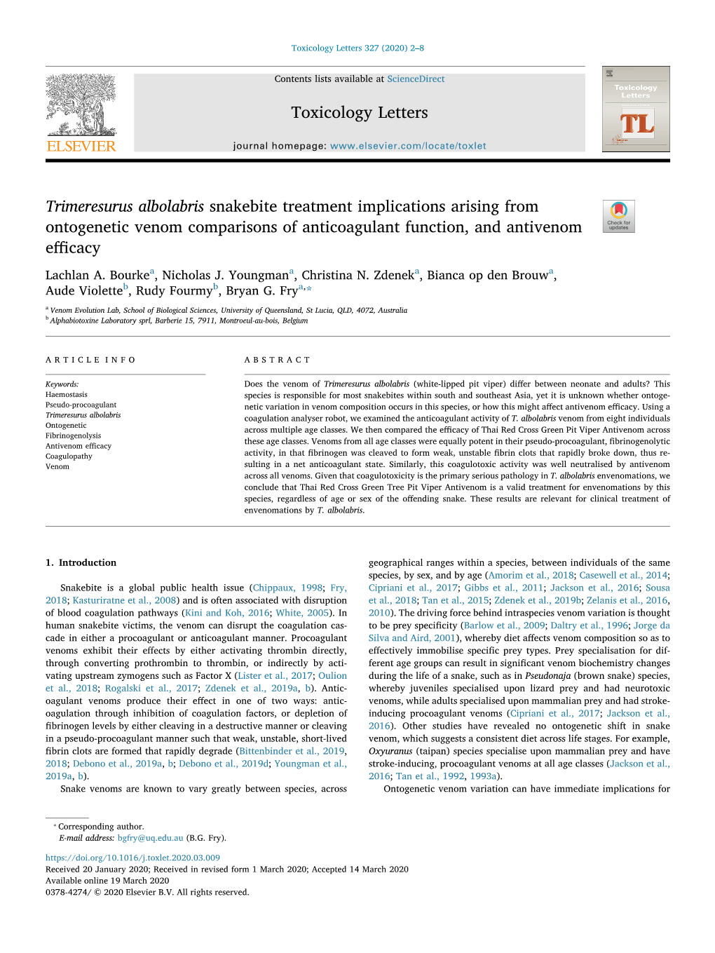 Trimeresurus Albolabris Snakebite Treatment Implications Arising from Ontogenetic Venom Comparisons of Anticoagulant Function, and Antivenom T Eﬃcacy