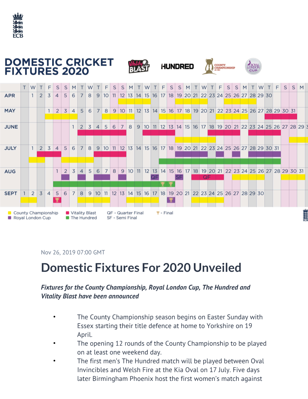 Domestic Fixtures for 2020 Unveiled