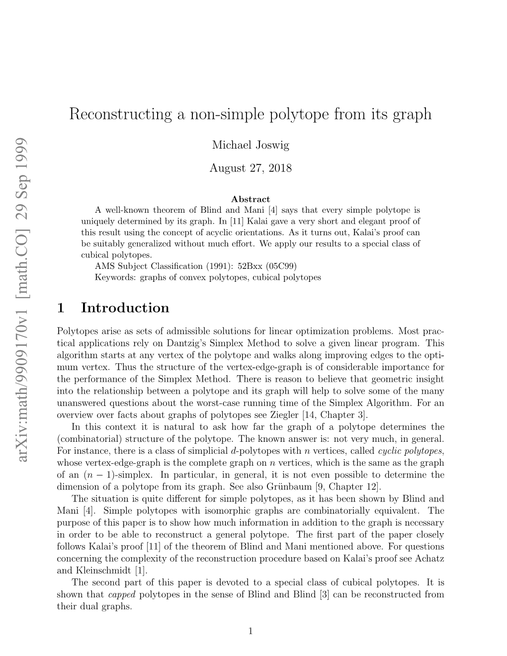 Arxiv:Math/9909170V1 [Math.CO] 29 Sep 1999 Ieso Fapltp Rmisgah E Log¨Nam[,Chapt Gr¨Unbaum [9, Also See Graph