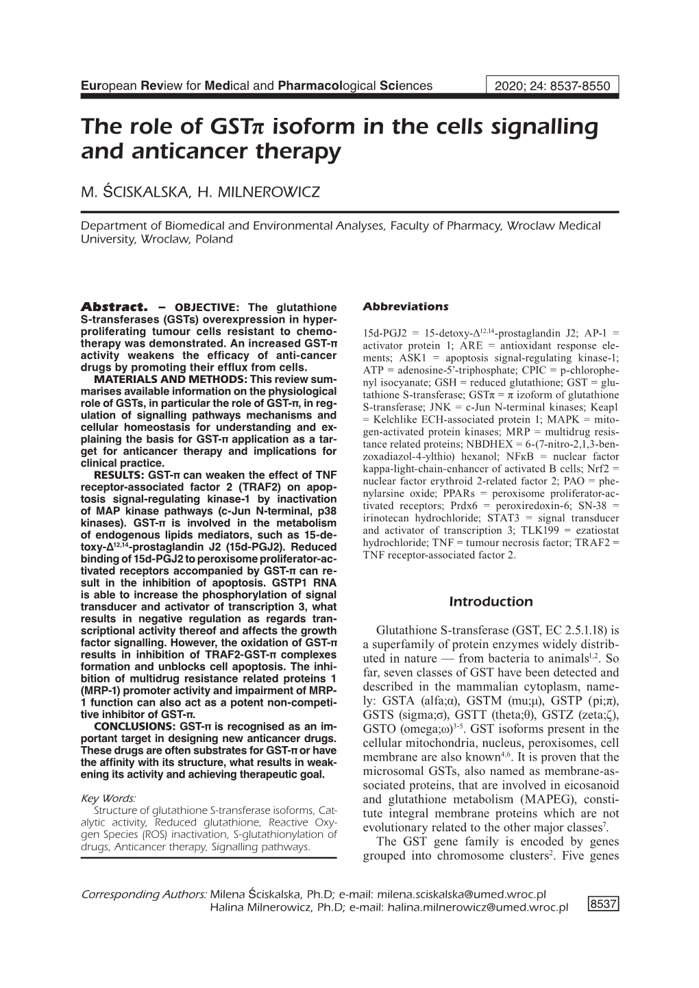 The Role of Gstπ Isoform in the Cells Signalling and Anticancer Therapy