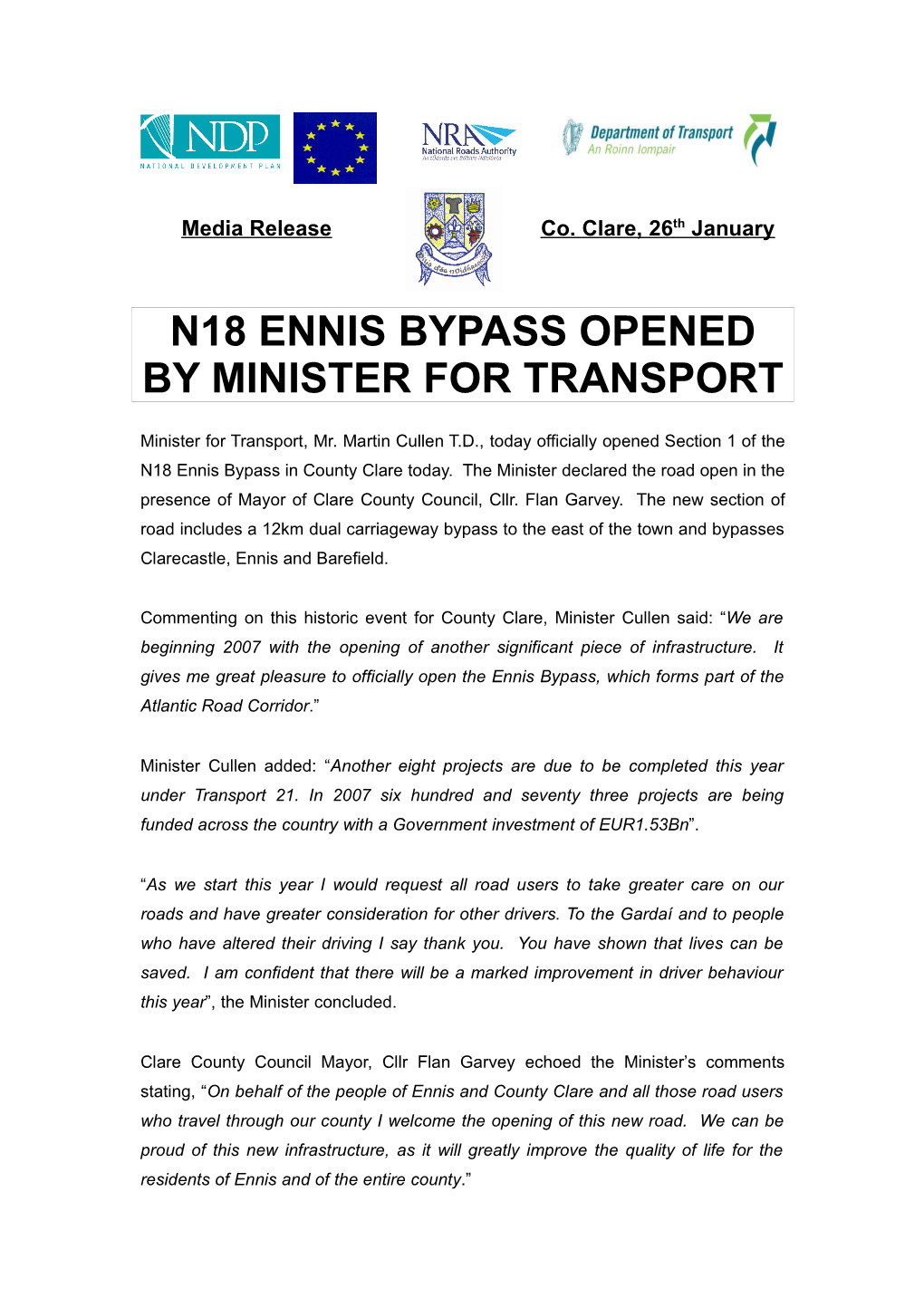 N18 Ennis Bypass Opened by Minister for Transport