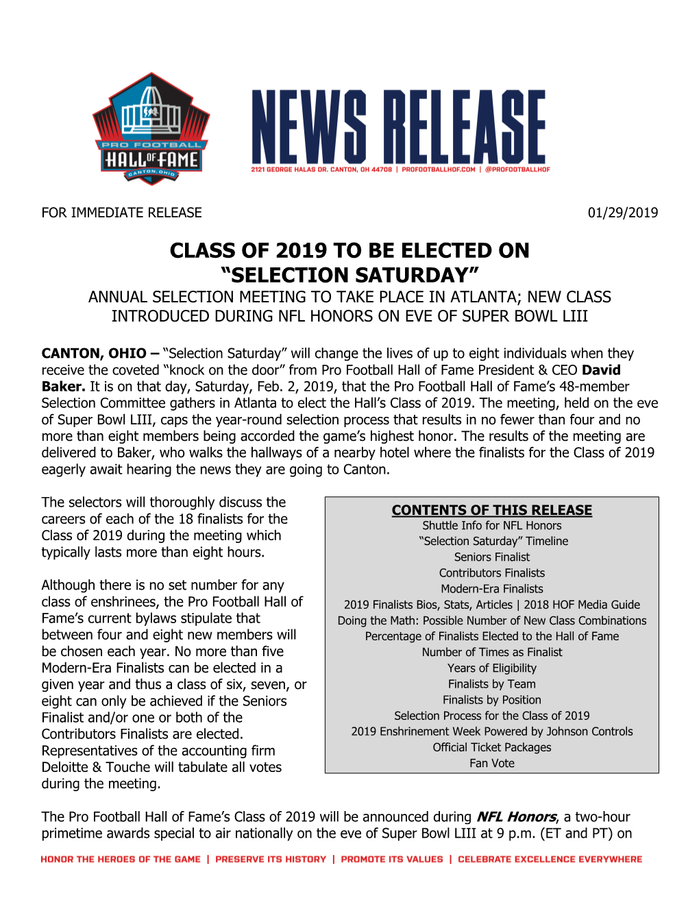 Class of 2019 to Be Elected on “Selection Saturday”