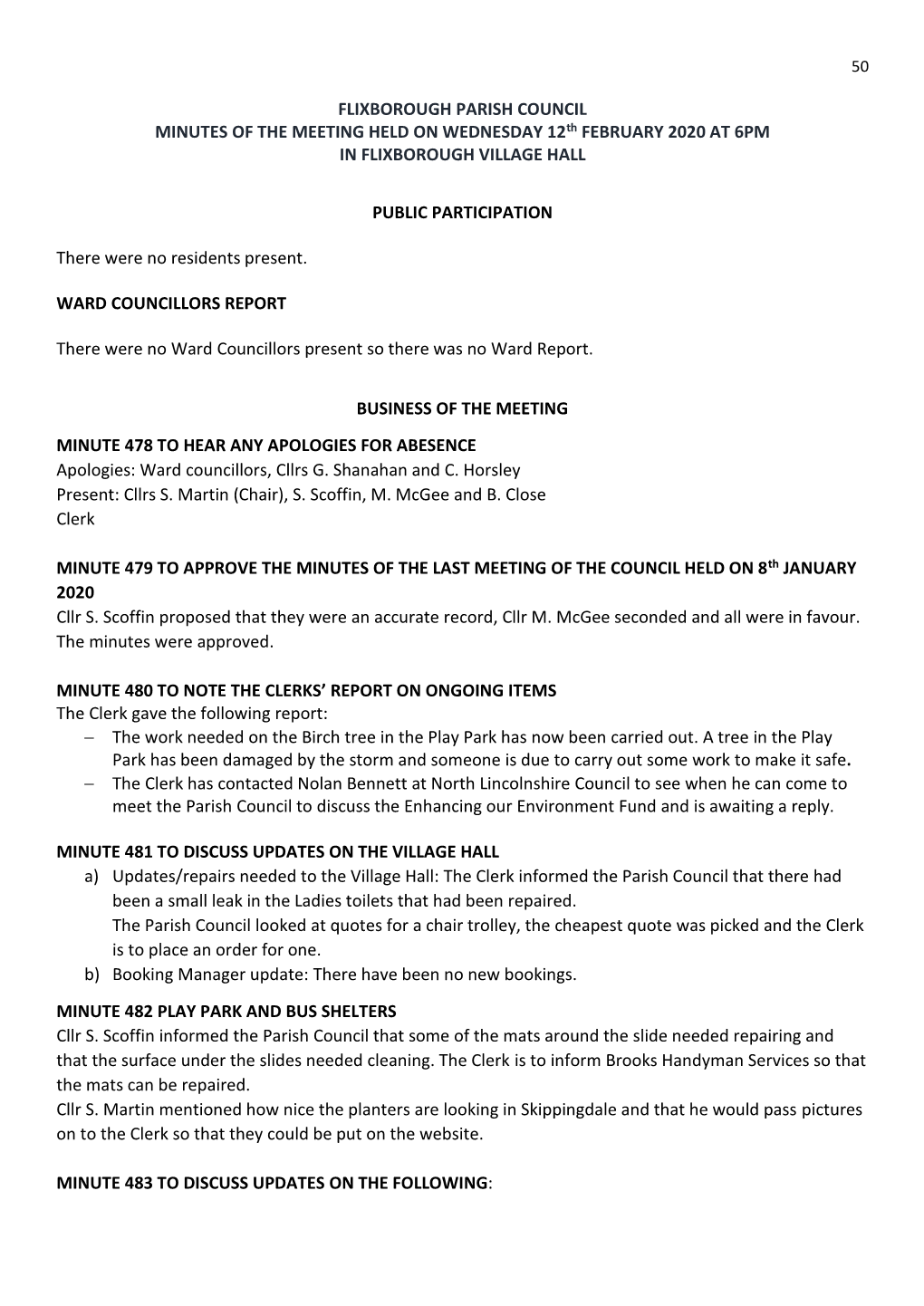 FLIXBOROUGH PARISH COUNCIL MINUTES of the MEETING HELD on WEDNESDAY 12Th FEBRUARY 2020 at 6PM in FLIXBOROUGH VILLAGE HALL PUBLIC