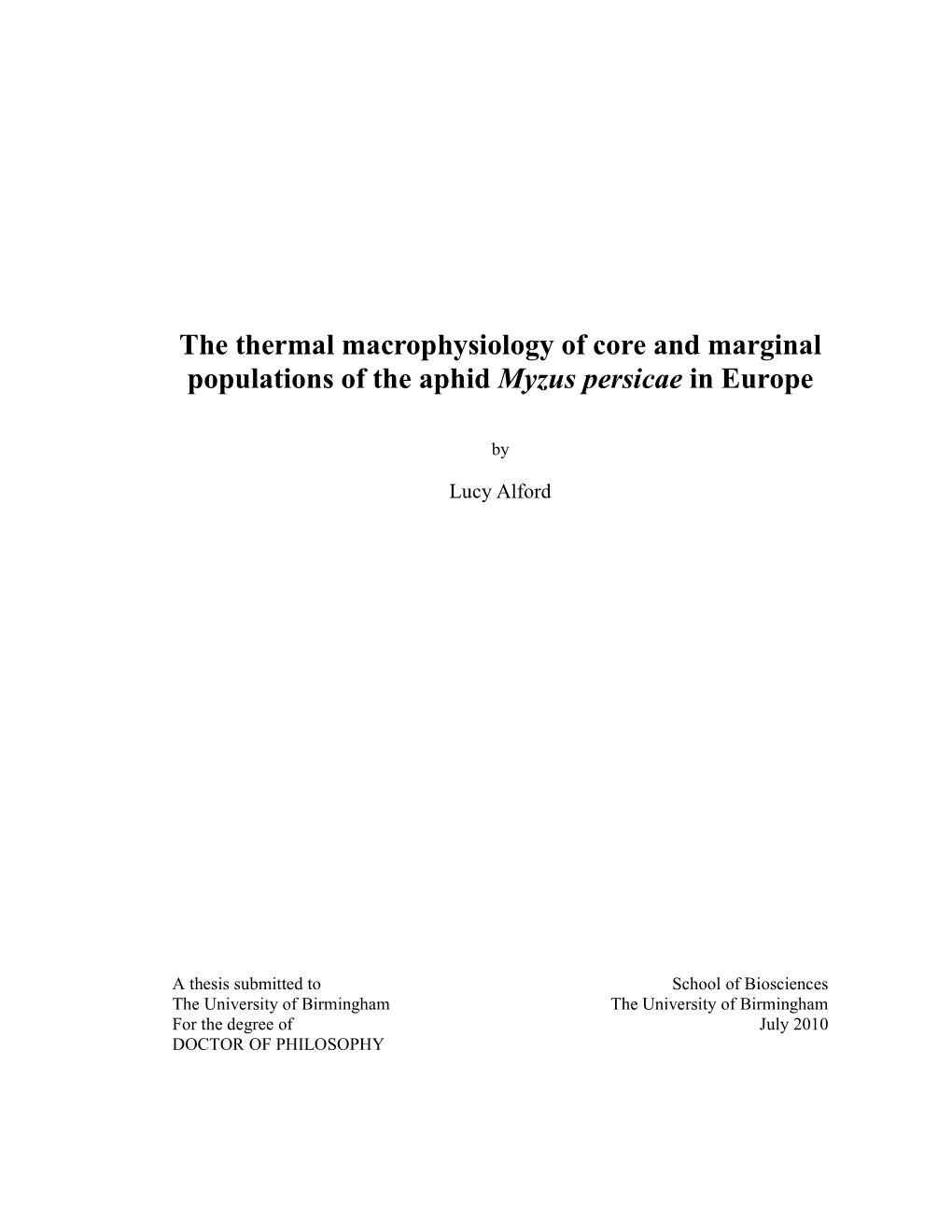 The Thermal Macrophysiology of Core and Marginal Populations of the Aphid Myzus Persicae in Europe