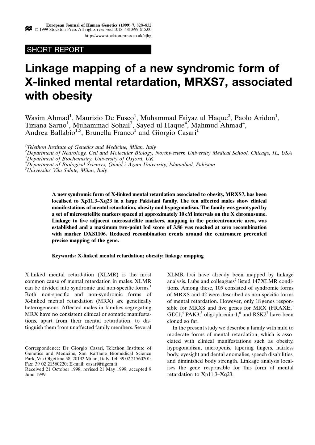 Linkage Mapping of a New Syndromic Form of X-Linked Mental Retardation, MRXS7, Associated with Obesity