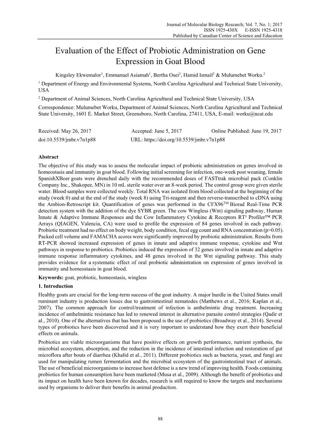 Evaluation of the Effect of Probiotic Administration on Gene Expression in Goat Blood