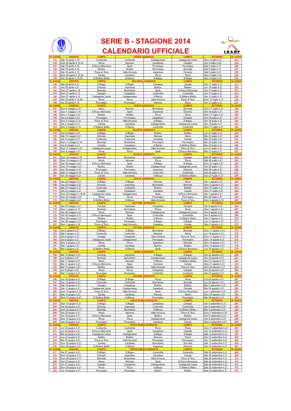 Calendario Ufficiale N