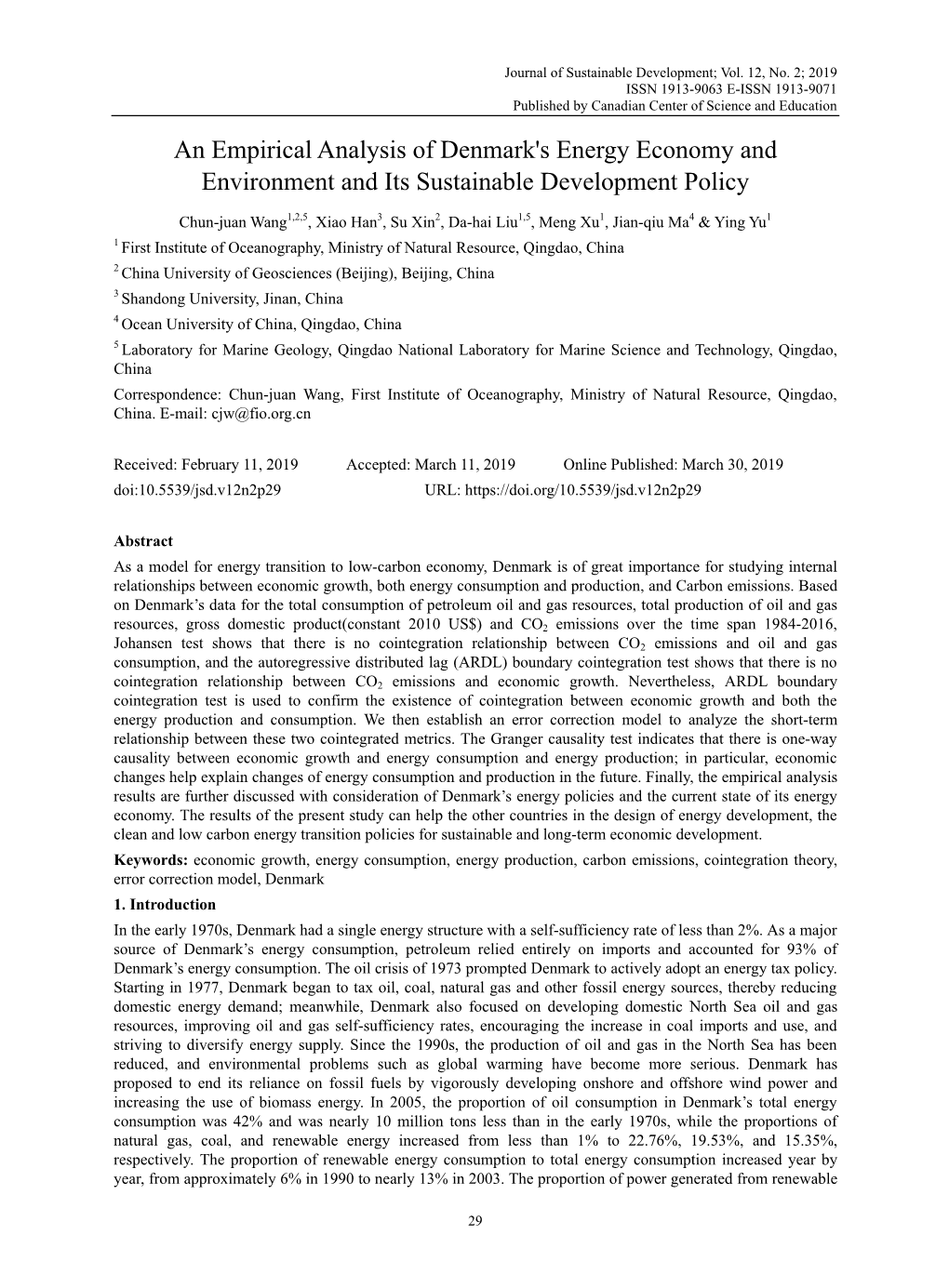 An Empirical Analysis of Denmark's Energy Economy and Environment and Its Sustainable Development Policy