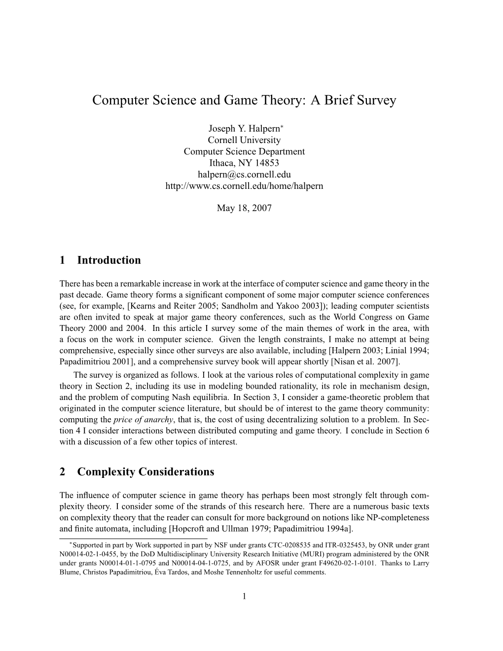 Computer Science and Game Theory: a Brief Survey