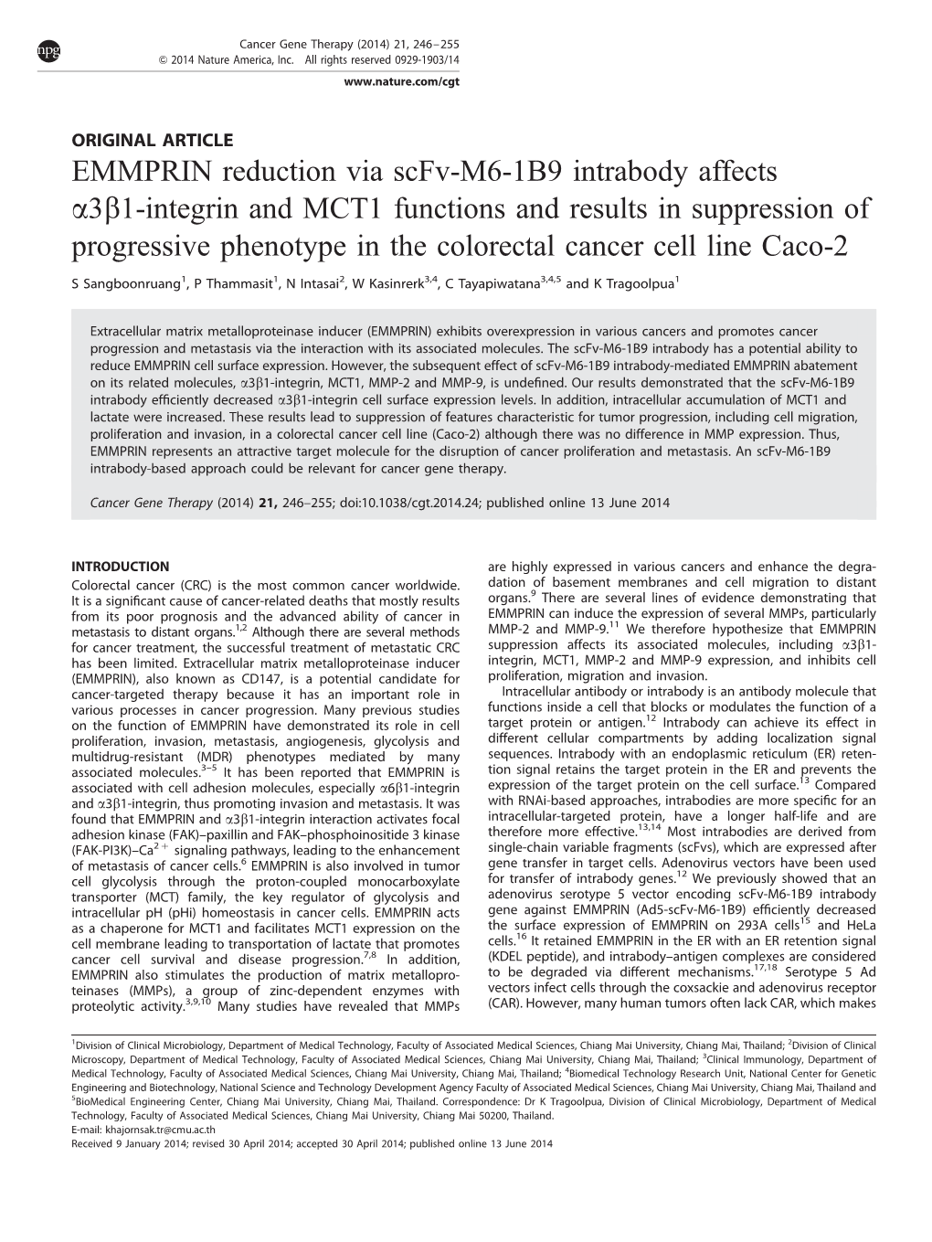 EMMPRIN Reduction Via Scfv-M6-1B9 Intrabody Affects &Alpha