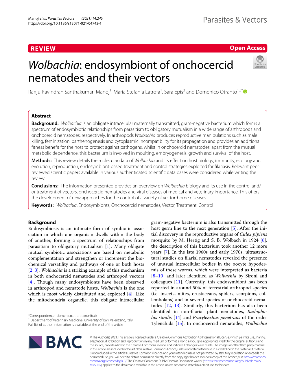 Wolbachia: Endosymbiont of Onchocercid Nematodes and Their Vectors Ranju Ravindran Santhakumari Manoj1, Maria Stefania Latrofa1, Sara Epis2 and Domenico Otranto1,3*