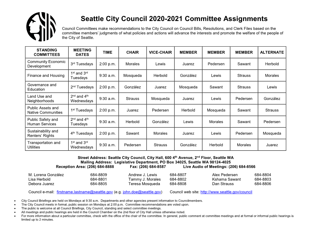 Seattle City Council 2020-2021 Committee Assignments