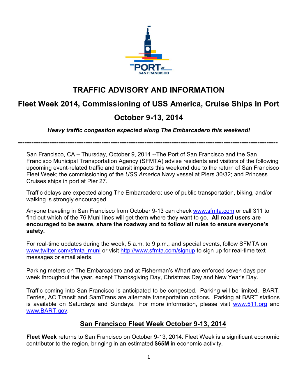 TRAFFIC ADVISORY and INFORMATION Fleet Week 2014