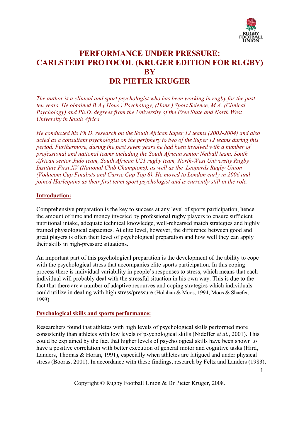 Performance Under Pressure: Carlstedt Protocol (Kruger Edition for Rugby) by Dr Pieter Kruger