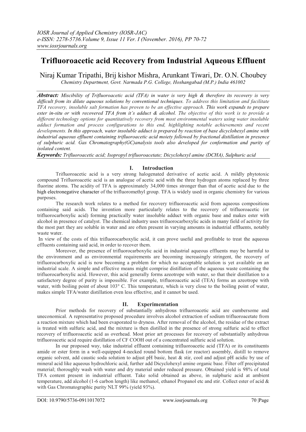 Trifluoroacetic Acid Recovery from Industrial Aqueous Effluent