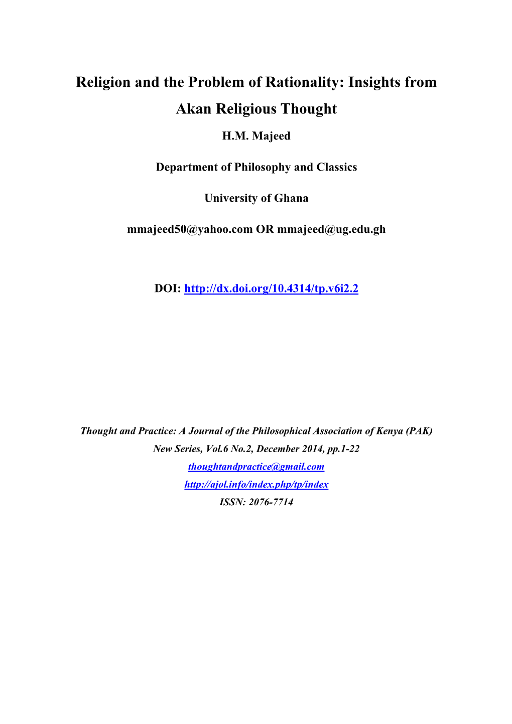 1 HM Majeed Religion and the Problem of Rationality, Insights from Akan Religious Thought Pp1-22