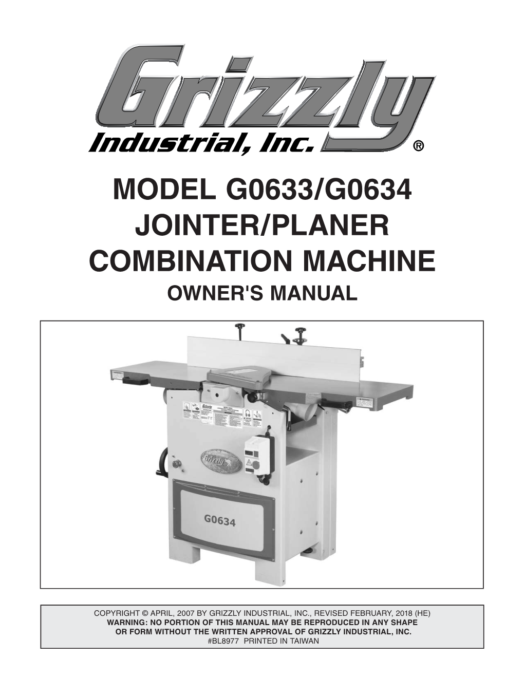 Model G0633/G0634 Jointer/Planer Combination Machine Owner's Manual