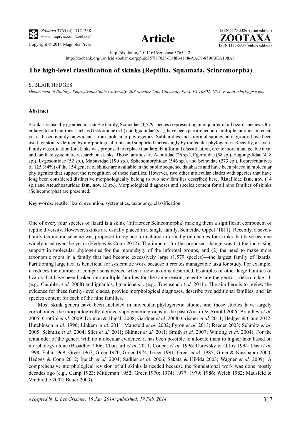 The High-Level Classification of Skinks (Reptilia, Squamata, Scincomorpha)