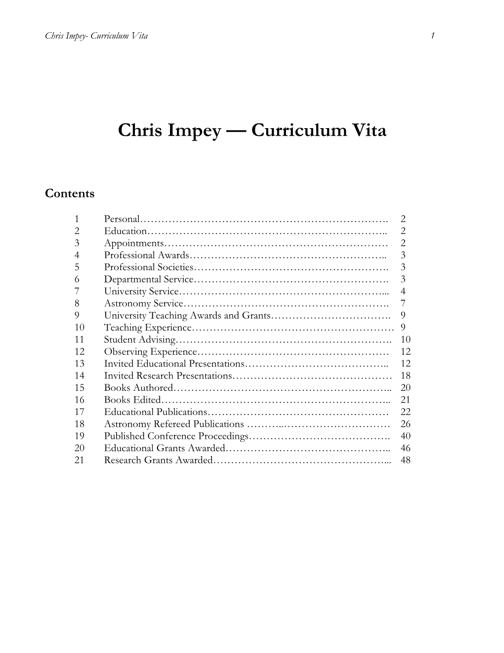 Chris Impey — Curriculum Vita