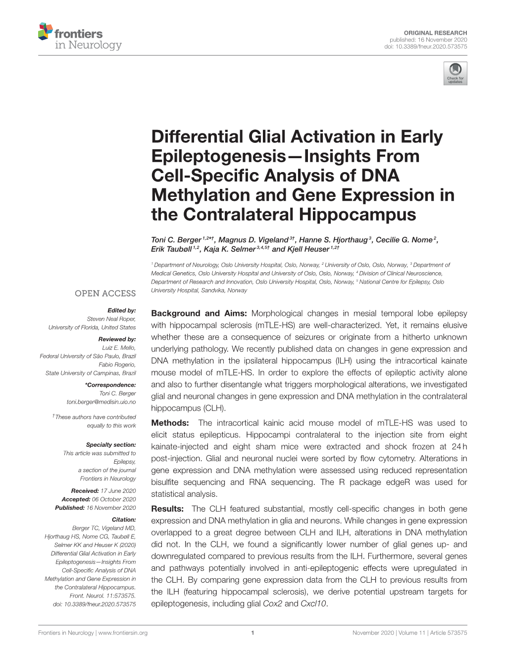 Differential Glial Activation in Early Epileptogenesis—Insights from Cell-Speciﬁc Analysis of DNA Methylation and Gene Expression in the Contralateral Hippocampus