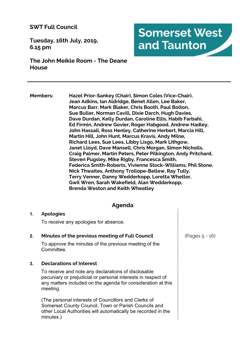 (Public Pack)Agenda Document for SWT Full Council, 16/07/2019 18:15