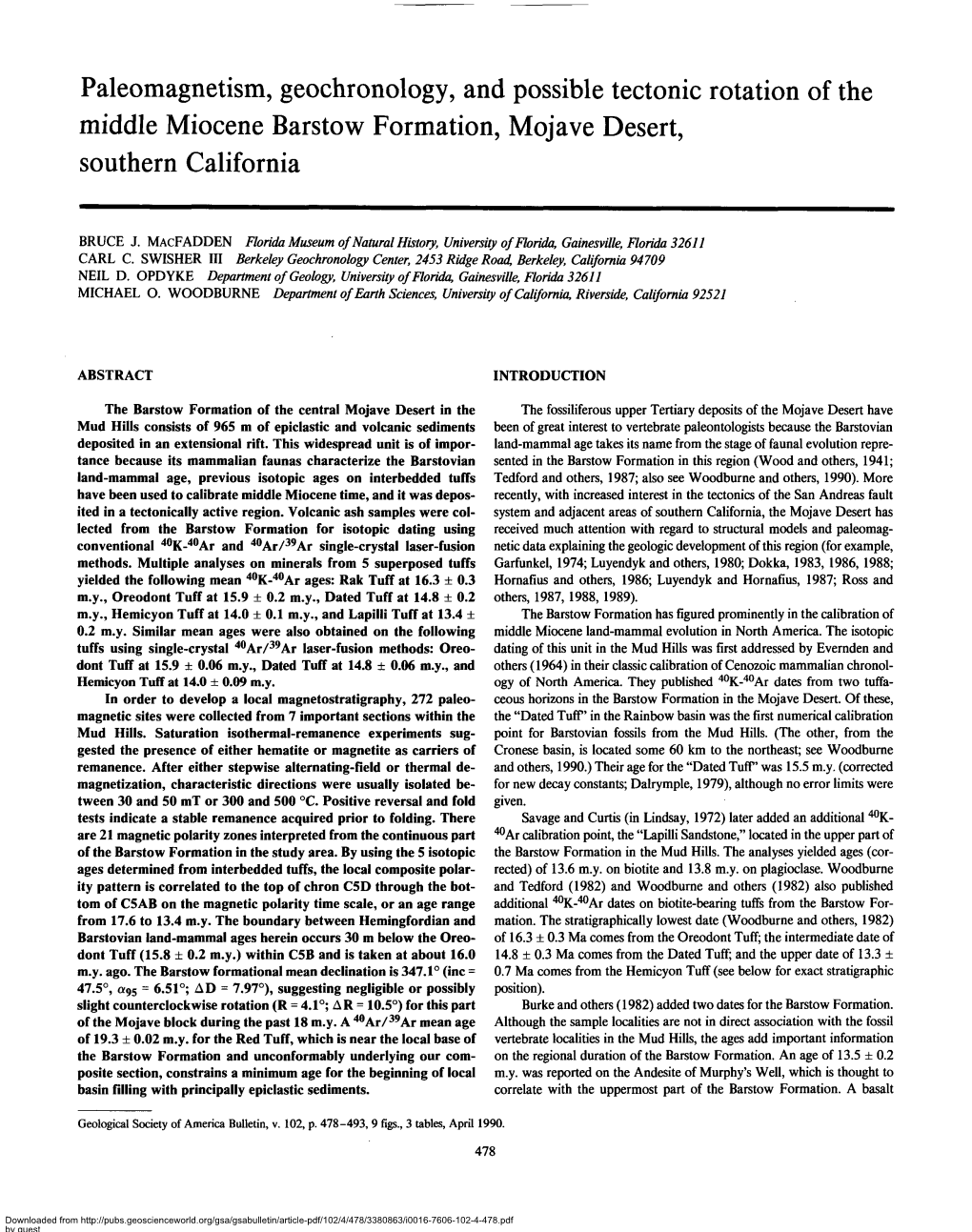 Paleomagnetism, Geochronology, and Possible Tectonic Rotation of the Middle Miocene Barstow Formation, Mojave Desert, Southern California