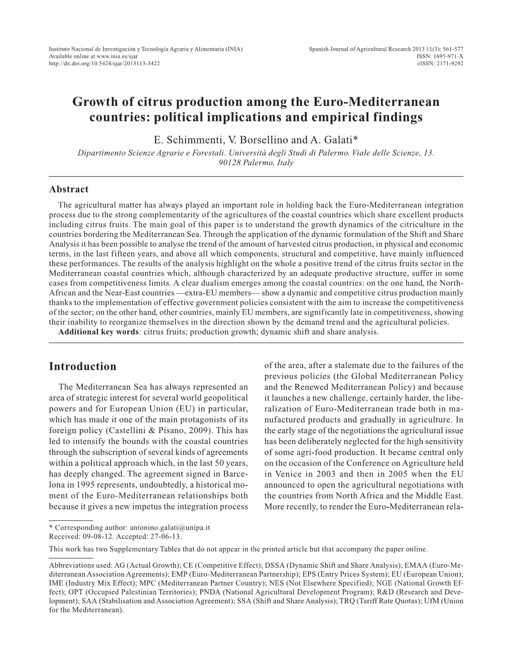 Growth of Citrus Production Among the Euro-Mediterranean Countries: Political Implications and Empirical Findings E