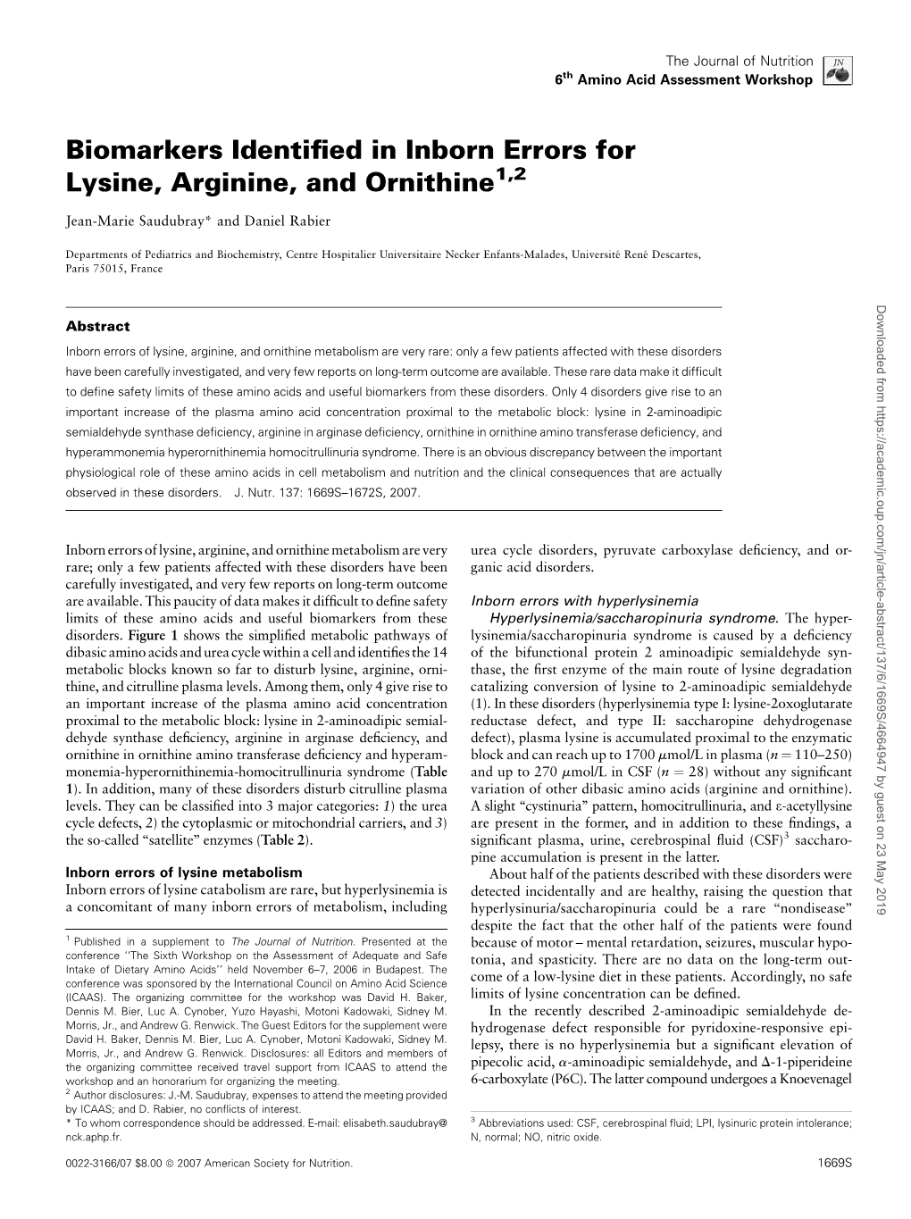 Biomarkers Identified in Inborn Errors for Lysine, Arginine, and Ornithine