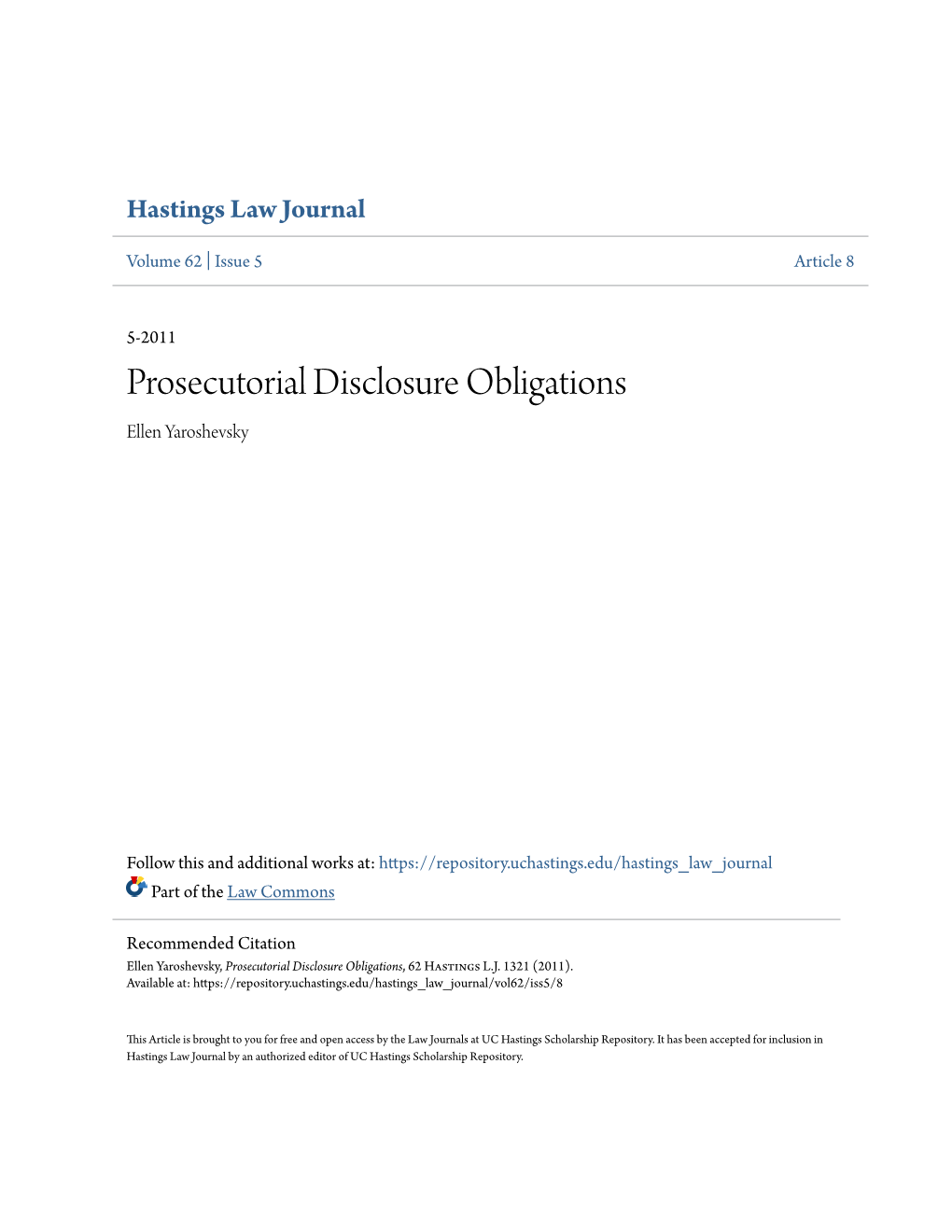 Prosecutorial Disclosure Obligations Ellen Yaroshevsky