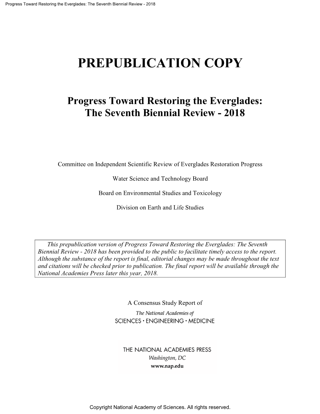 Progress Toward Restoring the Everglades: the Seventh Biennial Review - 2018