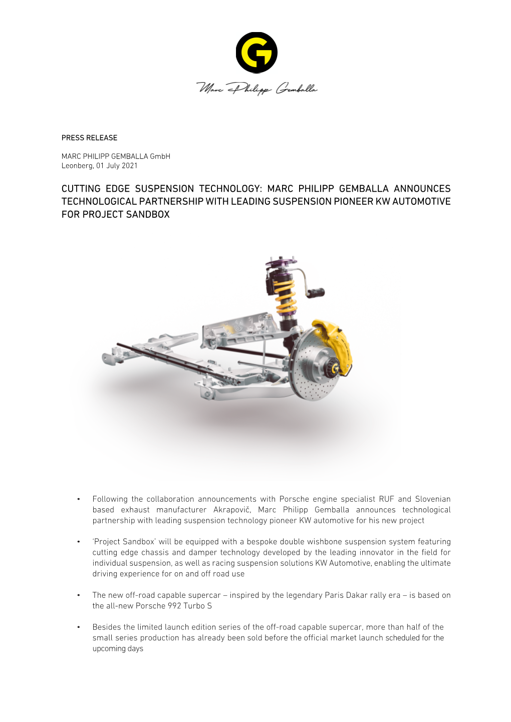 Cutting Edge Suspension Technology: Marc Philipp Gemballa Announces Technological Partnership with Leading Suspension Pioneer Kw Automotive for Project Sandbox