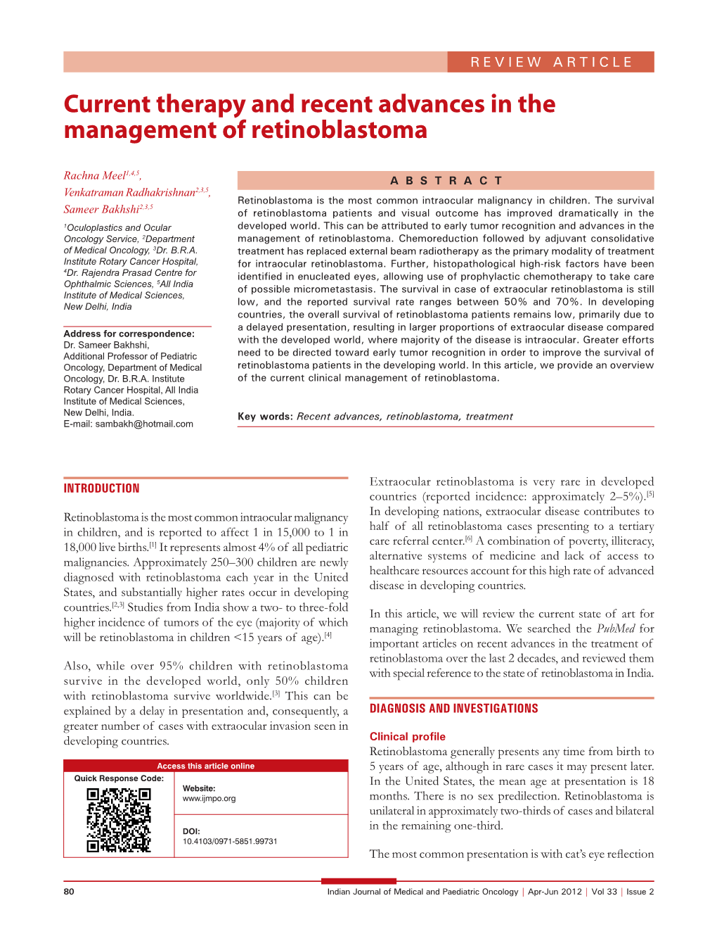 Current Therapy and Recent Advances in the Management of Retinoblastoma
