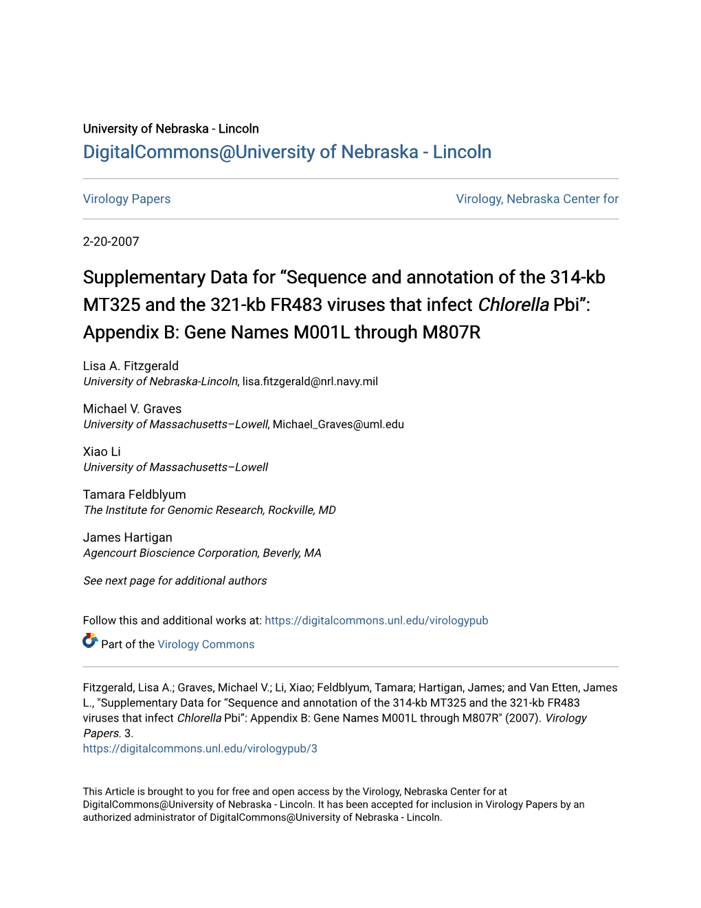 Sequence and Annotation of the 314-Kb MT325 and the 321-Kb FR483 Viruses That Infect Chlorella Pbi”: Appendix B: Gene Names M001L Through M807R