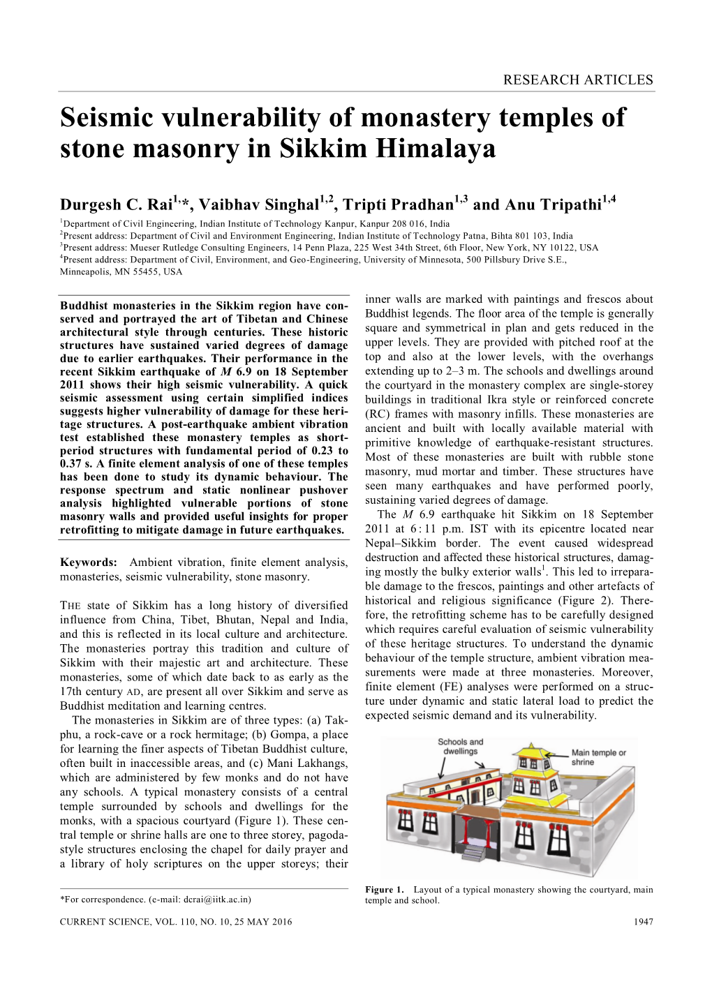 Seismic Vulnerability of Monastery Temples of Stone Masonry in Sikkim Himalaya