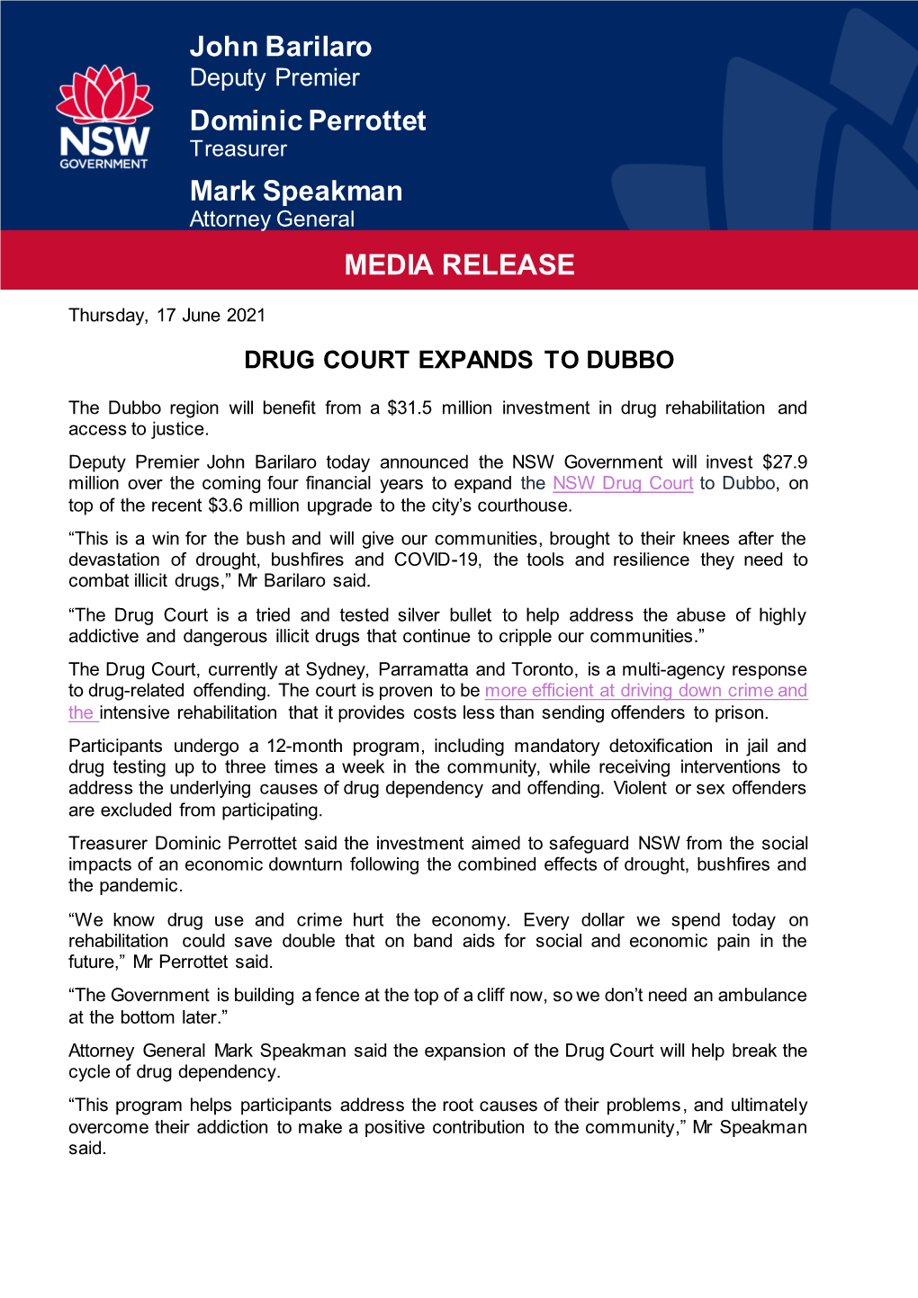 John Barilaro Dominic Perrottet Mark Speakman MEDIA RELEASE