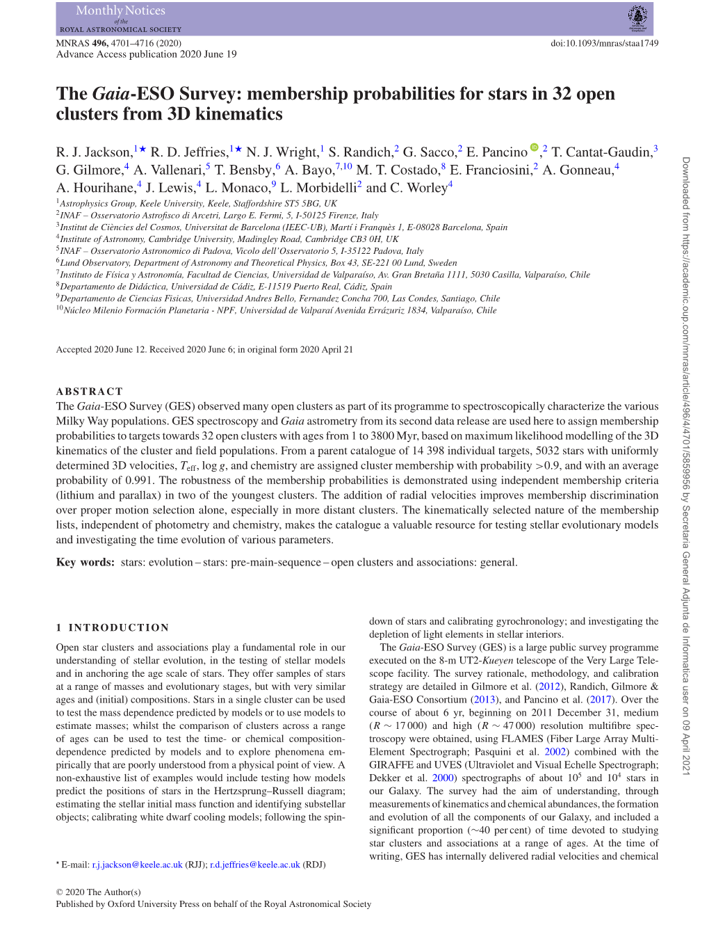 The Gaia-ESO Survey: Membership Probabilities for Stars in 32 Open Clusters from 3D Kinematics