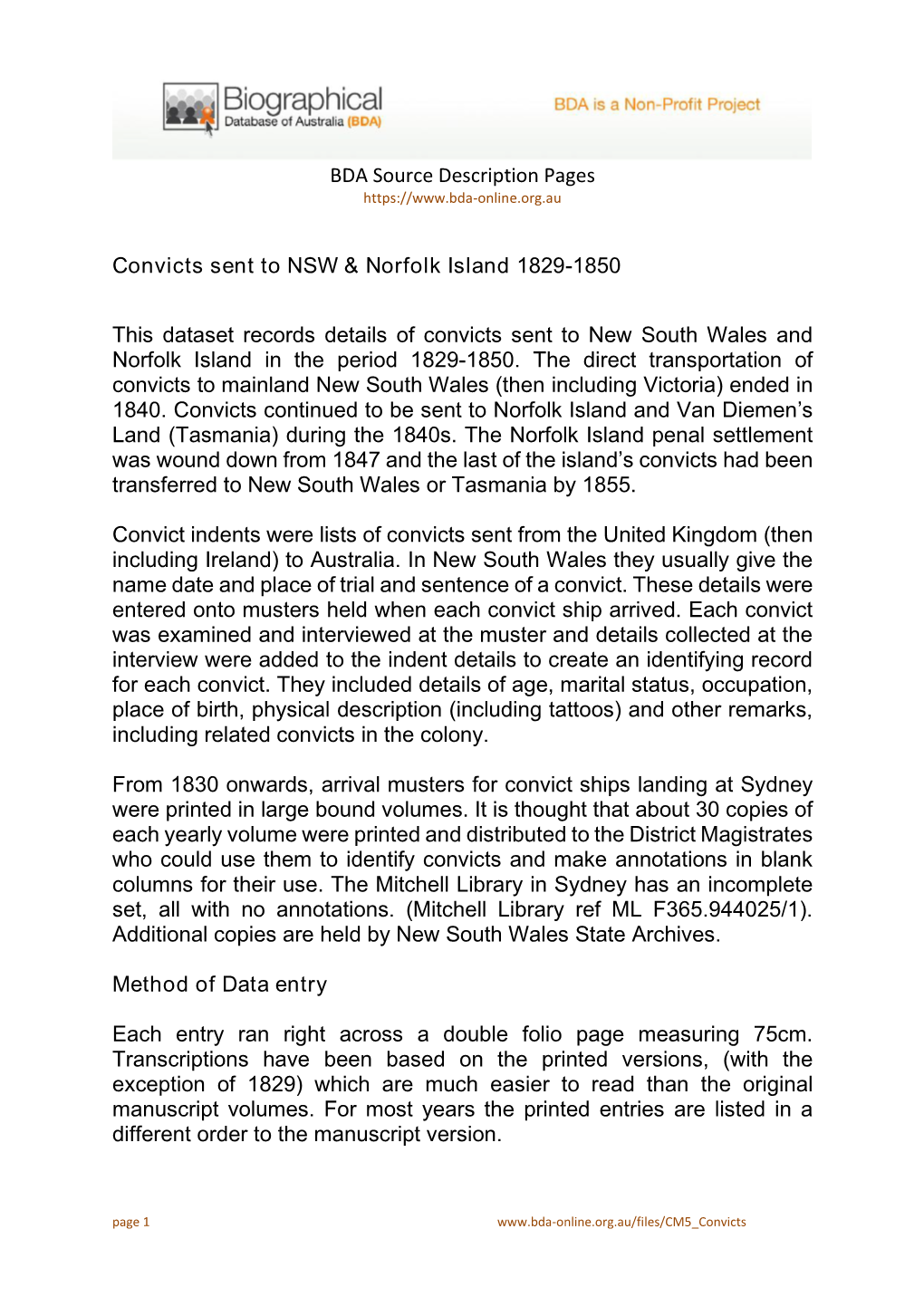 BDA Source Description Pages Convicts Sent to NSW & Norfolk