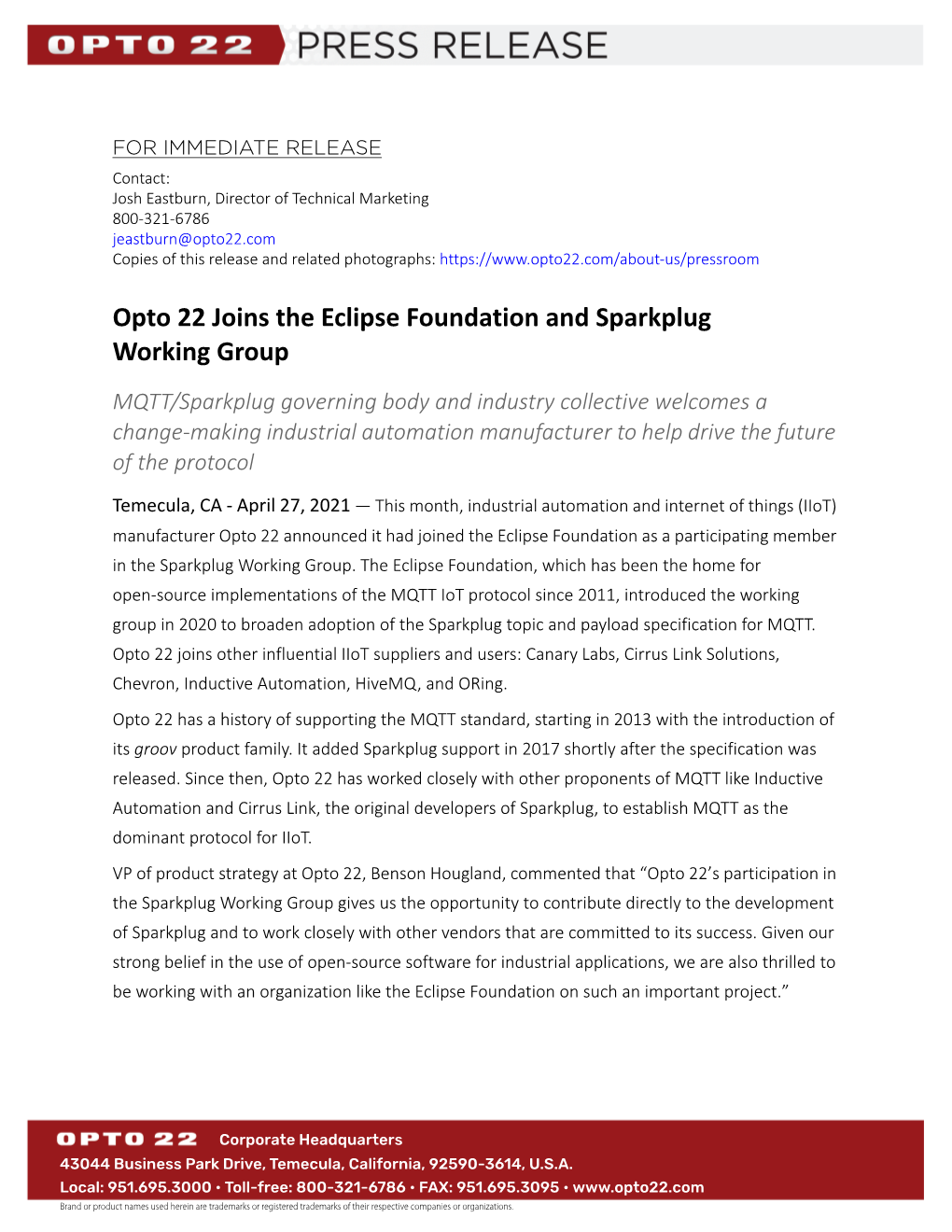 Opto 22 Joins Eclipse Foundation and Sparkplug Working Group