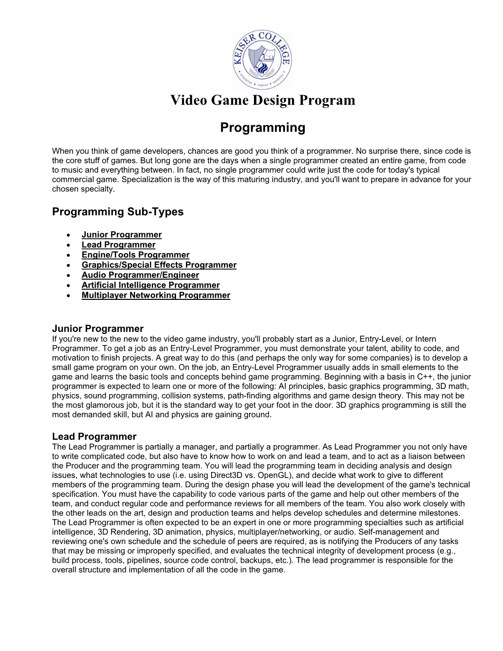 Video Game Design Program Programming