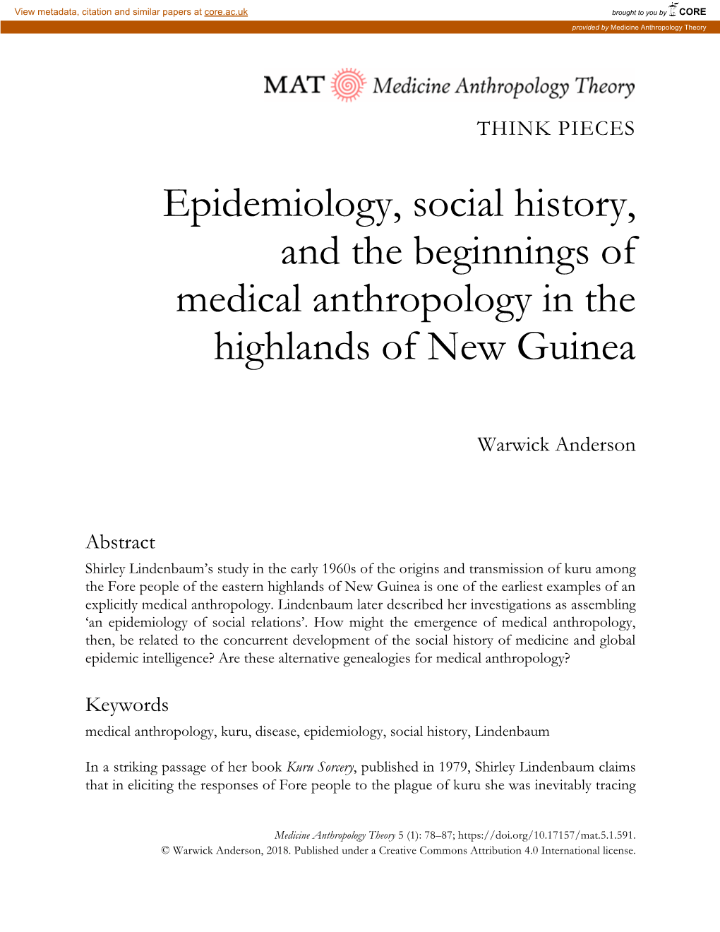 Epidemiology, Social History, and the Beginnings of Medical Anthropology in the Highlands of New Guinea