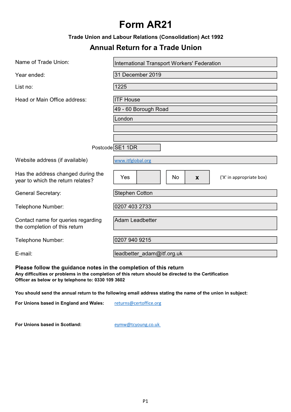 Form AR21 Trade Union and Labour Relations (Consolidation) Act 1992 Annual Return for a Trade Union